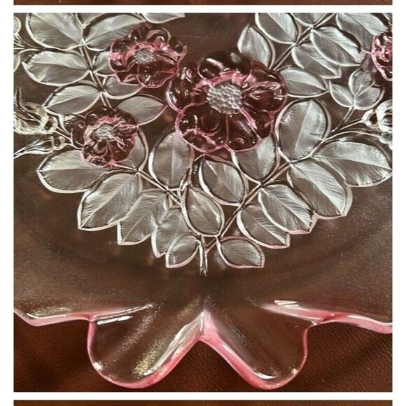 Mikasa Rosella Vintage Walther Crystal Cake Plate Floral Pink /Red Frosted 14” - Picture 3 of 8